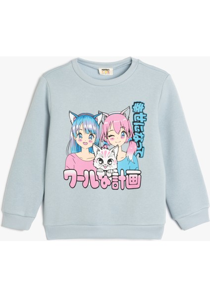 Anime Baskılı Sweatshirt Şardonlu Uzun Kollu Bisiklet Yaka