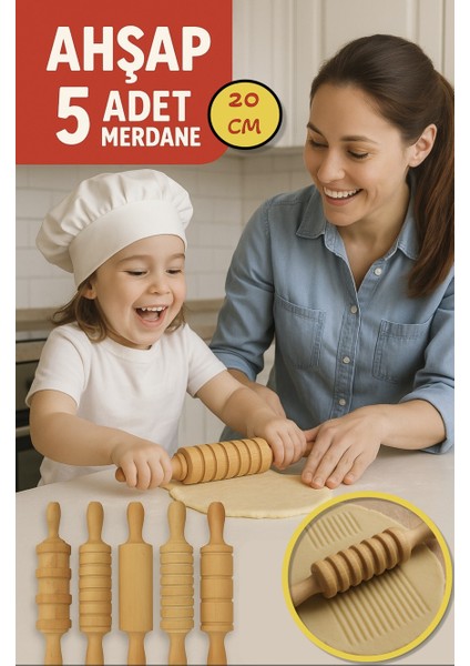 Çocuklara Özel 5’li Ahşap Merdane Seti – Minik Şefler Oyun ve Mutfak Eğlencesi Oyun Hamurları Için