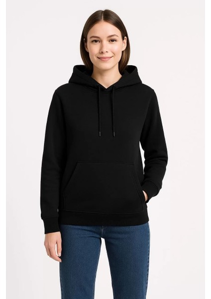 Kadın Üç Iplik Kapüşonlu Kanguru Çepli Sweatshirt Hoodie - Siyah