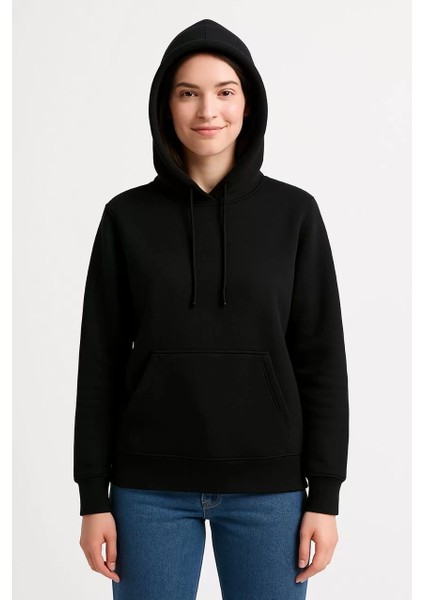 Kadın Üç Iplik Kapüşonlu Kanguru Çepli Sweatshirt Hoodie - Siyah modelleri