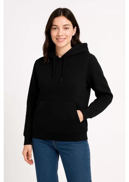 Kadın Üç Iplik Kapüşonlu Kanguru Çepli Sweatshirt Hoodie - Siyah fırsatları