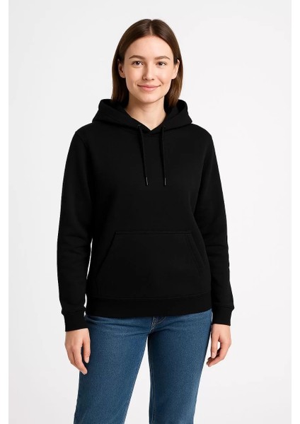 Kadın Üç Iplik Kapüşonlu Kanguru Çepli Sweatshirt Hoodie - Siyah indirimleri