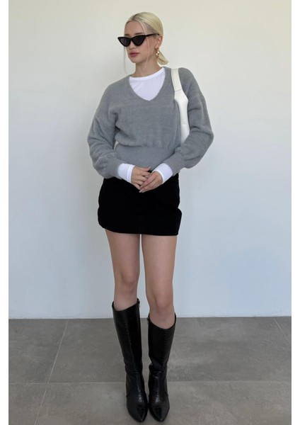 Gri V Yaka Yumuşak Dokulu Kadın Kazak MG2499 indirimleri