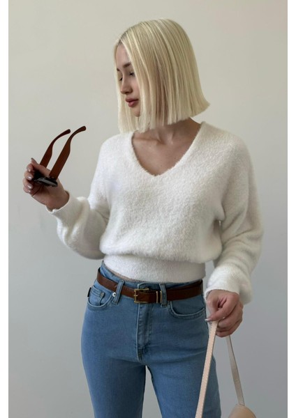 Kemik Rengi V Yaka Yumuşak Dokulu Kadın Kazak MG2499