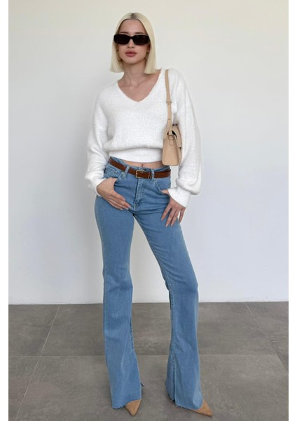 Kemik Rengi V Yaka Yumuşak Dokulu Kadın Kazak MG2499 fiyatları