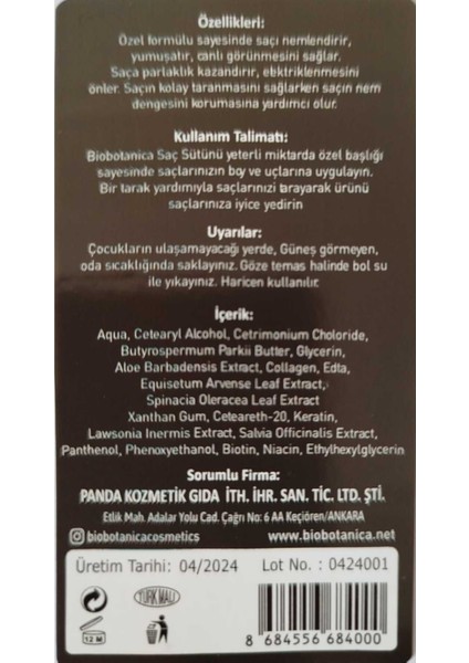 Durulanmayan Saç Bakım Sütü 250 ml Keratin Kolajen Biotin Hacim ve Dolaşık Açıcı Günlük Kullanım