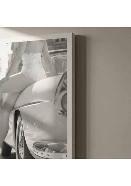 Şık Kadın ve Klasik Araba Siyah Beyaz Fotoğraf Tablosu indirimleri