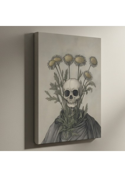 Karanlık Akademik Tarzı Kafatası ve Çiçekler Illüstrasyon Tablosu