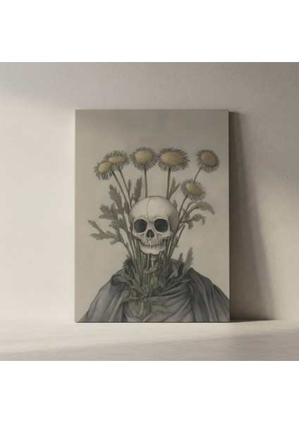 Karanlık Akademik Tarzı Kafatası ve Çiçekler Illüstrasyon Tablosu fiyatları