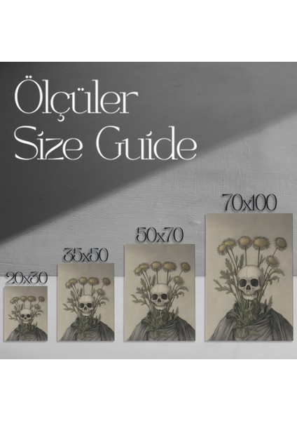 Karanlık Akademik Tarzı Kafatası ve Çiçekler Illüstrasyon Tablosu modelleri