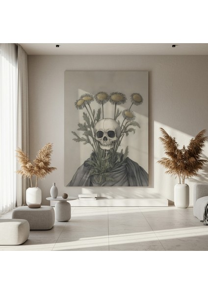 Karanlık Akademik Tarzı Kafatası ve Çiçekler Illüstrasyon Tablosu fırsatları