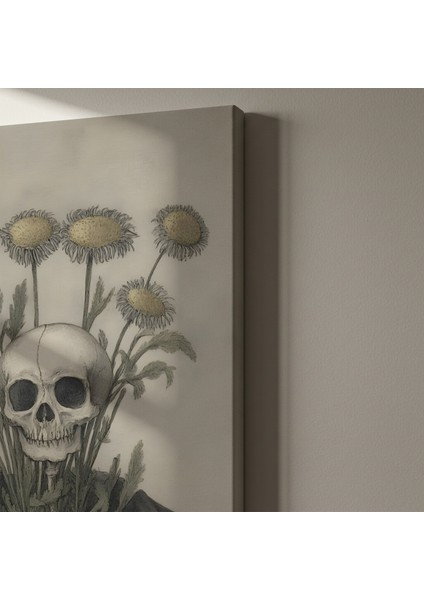 Karanlık Akademik Tarzı Kafatası ve Çiçekler Illüstrasyon Tablosu indirimleri