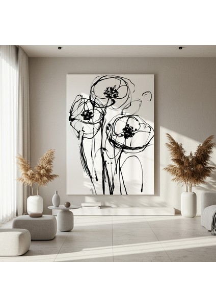 Soyut Siyah Beyaz Çiçek Desenli Modern Sanat Tablosu fırsatları