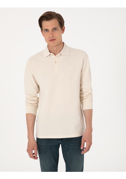 Erkek Bej Slim Fit Kıvrılmaz Polo Yaka Basic Pike Sweatshirt 50314048-VR011