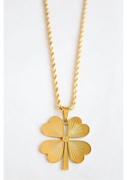 Çelik Yonca Kolye - Altın