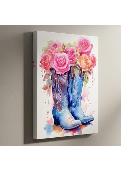 Suluboya Tekniğiyle Çizilmiş Pembe Güller ve Kovboy Çizmeleri Soyut Sanat Tablosu