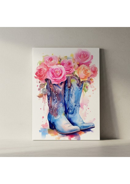 Suluboya Tekniğiyle Çizilmiş Pembe Güller ve Kovboy Çizmeleri Soyut Sanat Tablosu fiyatları