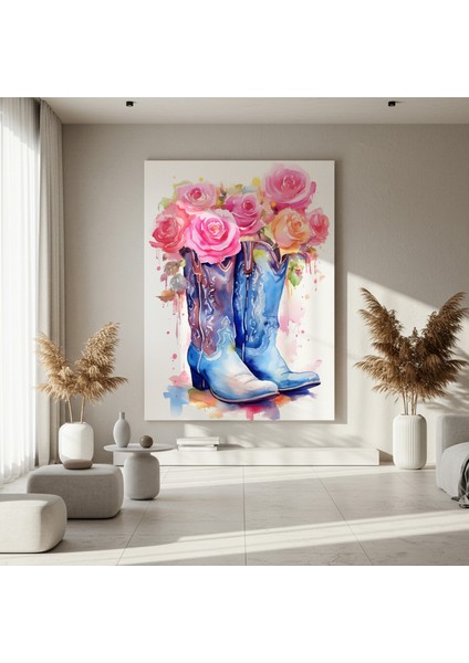 Suluboya Tekniğiyle Çizilmiş Pembe Güller ve Kovboy Çizmeleri Soyut Sanat Tablosu fırsatları