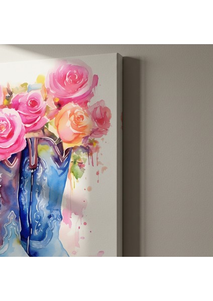 Suluboya Tekniğiyle Çizilmiş Pembe Güller ve Kovboy Çizmeleri Soyut Sanat Tablosu indirimleri