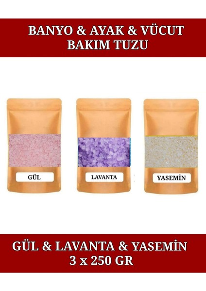 Gül & Lavanta & Yasemin Kokulu Banyo Tuz Küvet & Jakuzi Tuzu Manikür & Pedikür Tuzu Ayak Bakım Tuzu. 3 x 250 gr
