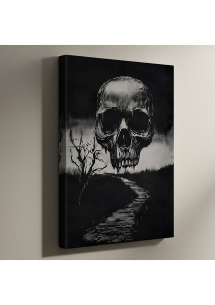 Karanlık Gotik Tarzı Kafatası ve Yol Illüstrasyon Tablosu