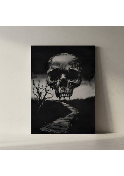 Karanlık Gotik Tarzı Kafatası ve Yol Illüstrasyon Tablosu fiyatları