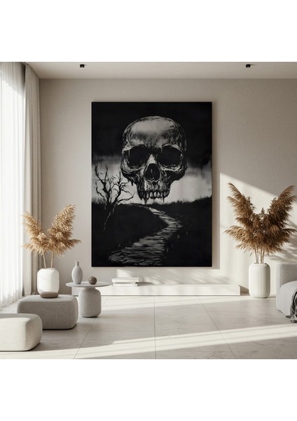 Karanlık Gotik Tarzı Kafatası ve Yol Illüstrasyon Tablosu fırsatları
