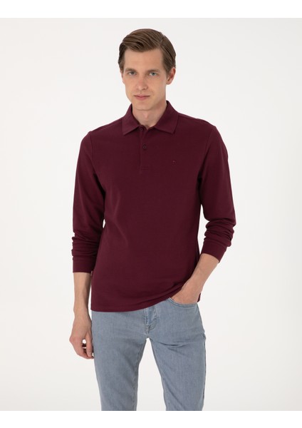 Erkek Bordo Slim Fit Kıvrılmaz Polo Yaka Basic Pike Sweatshirt 50314048-VR014