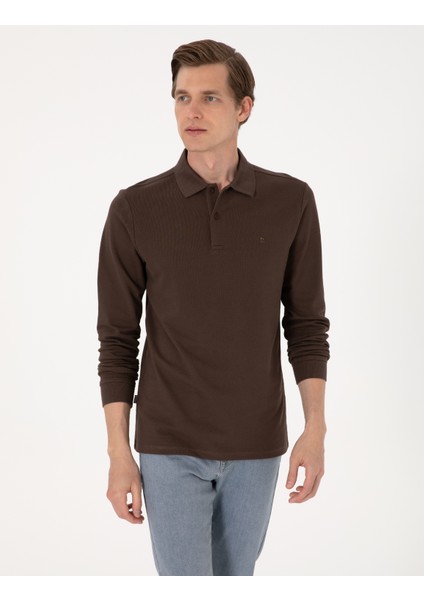 Erkek Koyu Kahverengi Slim Fit Kıvrılmaz Polo Yaka Basic Pike Sweatshirt 50314048-VR084