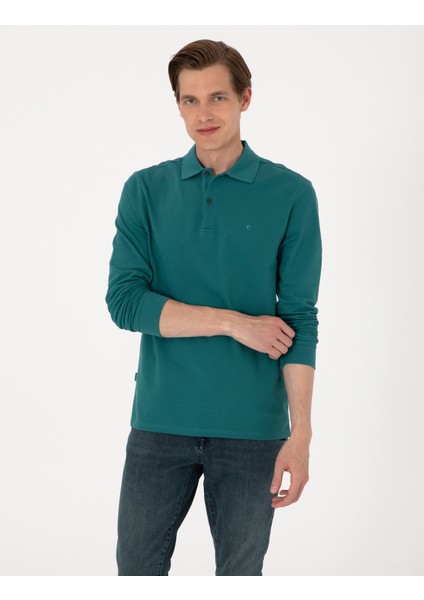 Erkek Zümrüt Slim Fit Kıvrılmaz Polo Yaka Basic Pike Sweatshirt 50314048-VR055