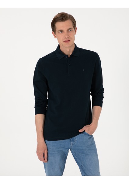Erkek Lacivert Slim Fit Kıvrılmaz Polo Yaka Basic Pike Sweatshirt 50314048-VR033