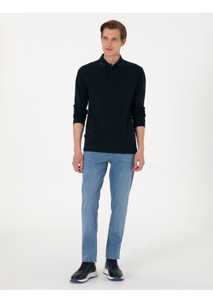 Erkek Lacivert Slim Fit Kıvrılmaz Polo Yaka Basic Pike Sweatshirt 50314048-VR033 fırsatları