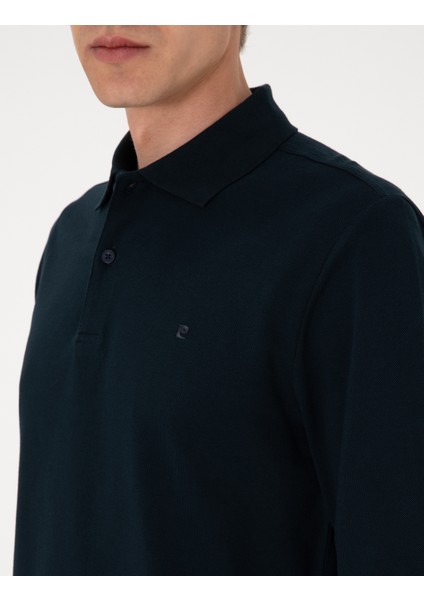 Erkek Lacivert Slim Fit Kıvrılmaz Polo Yaka Basic Pike Sweatshirt 50314048-VR033
