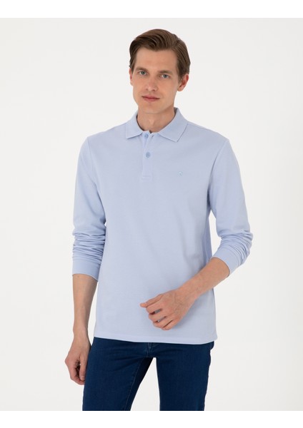 Erkek Açık Mavi Slim Fit Kıvrılmaz Polo Yaka Basic Pike Sweatshirt 50314048-VR003