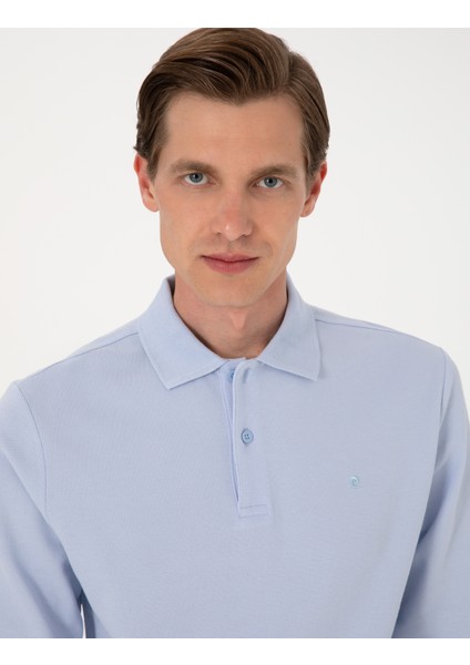 Erkek Açık Mavi Slim Fit Kıvrılmaz Polo Yaka Basic Pike Sweatshirt 50314048-VR003 fiyatları