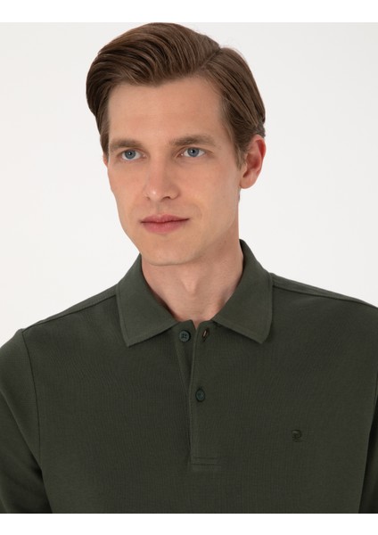 Erkek Koyu Yeşil Slim Fit Kıvrılmaz Polo Yaka Basic Pike Sweatshirt 50314048-VR079 fiyatları