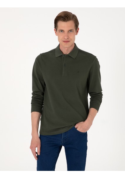 Erkek Koyu Yeşil Slim Fit Kıvrılmaz Polo Yaka Basic Pike Sweatshirt 50314048-VR079