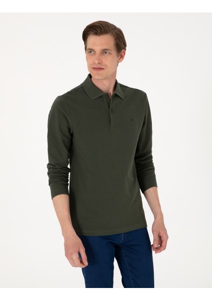 Erkek Koyu Yeşil Slim Fit Kıvrılmaz Polo Yaka Basic Pike Sweatshirt 50314048-VR079 modelleri