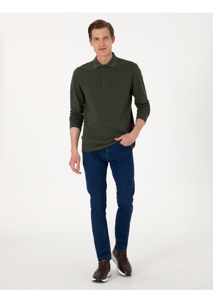 Erkek Koyu Yeşil Slim Fit Kıvrılmaz Polo Yaka Basic Pike Sweatshirt 50314048-VR079 fırsatları
