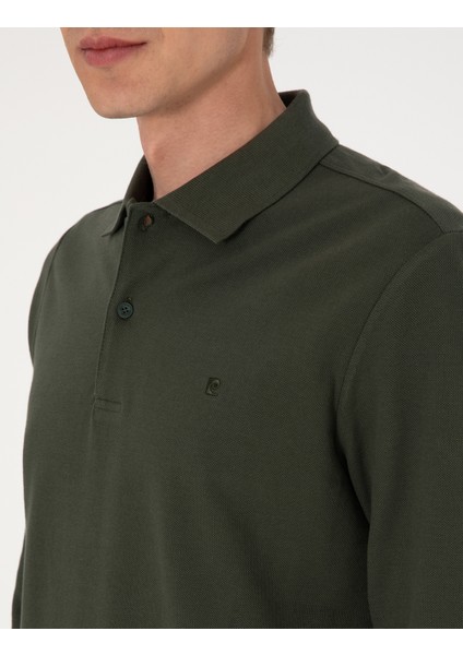Erkek Koyu Yeşil Slim Fit Kıvrılmaz Polo Yaka Basic Pike Sweatshirt 50314048-VR079