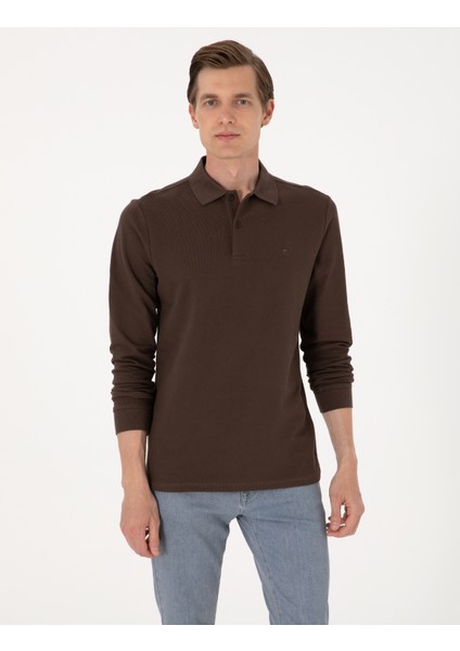Erkek Koyu Kahverengi Slim Fit Kıvrılmaz Polo Yaka Basic Pike Sweatshirt 50314048-VR084 modelleri