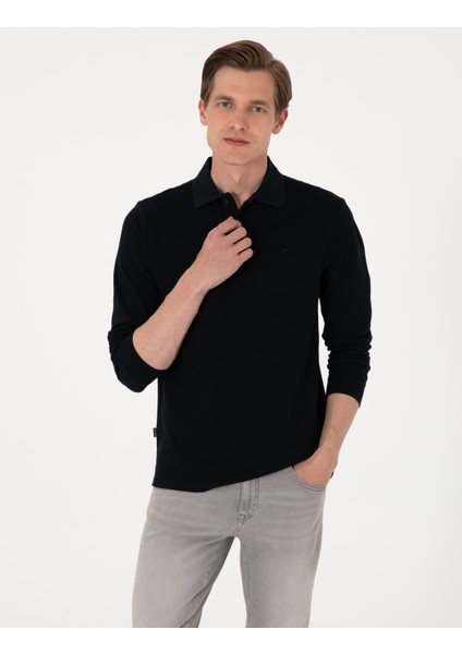 Erkek Siyah Slim Fit Kıvrılmaz Polo Yaka Basic Pike Sweatshirt 50314048-VR046