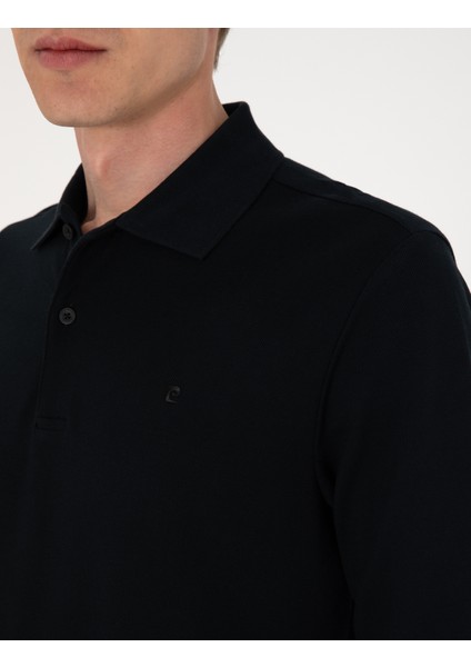 Erkek Siyah Slim Fit Kıvrılmaz Polo Yaka Basic Pike Sweatshirt 50314048-VR046