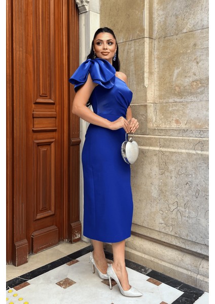 Atlas Kumaş Omuz Organze Detaylı Kalem Elbise - Saks Mavi fiyatları