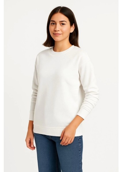 Üç Iplik Düz Bisiklet Yaka Sweatshirt - Beyaz fırsatları
