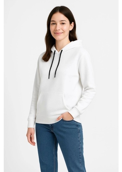 Üç Iplik Kapüşonlu Kanguru Çepli Sweatshirt Hoodie - Beyaz modelleri