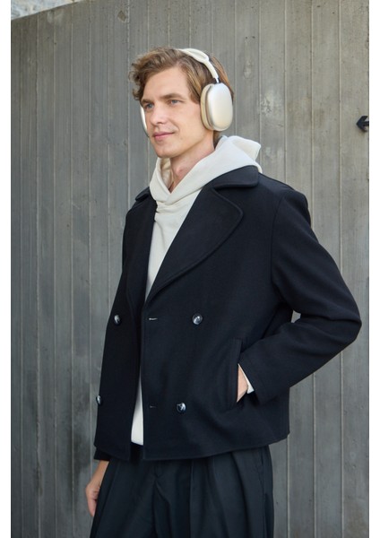 Erkek Kruvaze Kaşe Mont Ceket Siyah