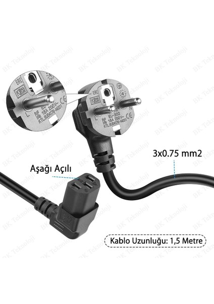 90 Derece Aşağı Açılı Pc Monitör Tv Printer Power Güç Kablosu - 1.8 Metre indirimleri