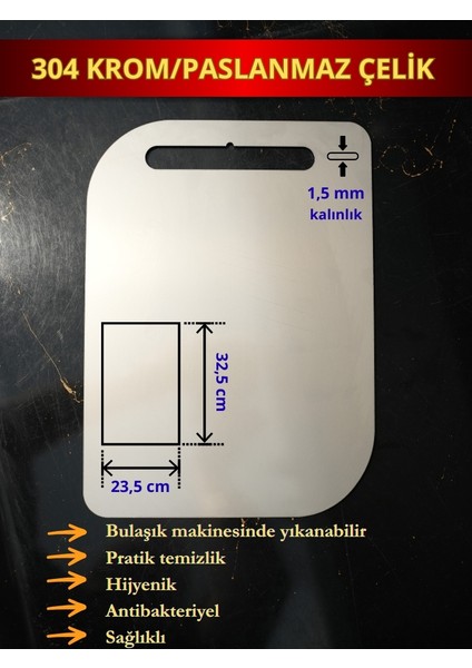 1,5 mm Kalınlık, Paslanmaz Çelik Metal, Antibakteriyel Pano, Kesme Tahtası 32,5 x 23,5 cm