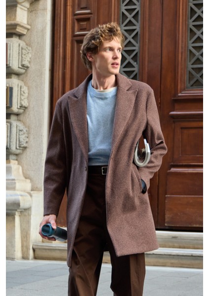 Erkek Rahat Kesim Kaşe Palto Kahverengi